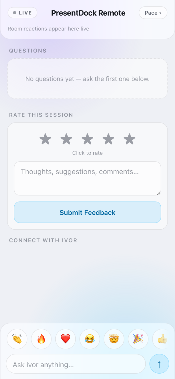 The audience page on a phone: live room reactions, a questions list, a session rating, a row of emoji to react with, and a field to ask a question