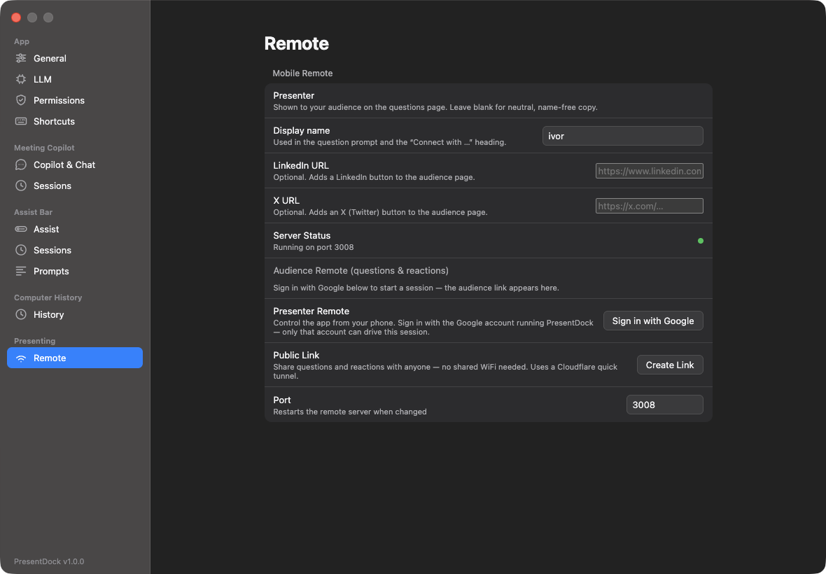 The Remote settings pane: presenter name, server status, audience remote, presenter remote with Google sign-in, and a public link option